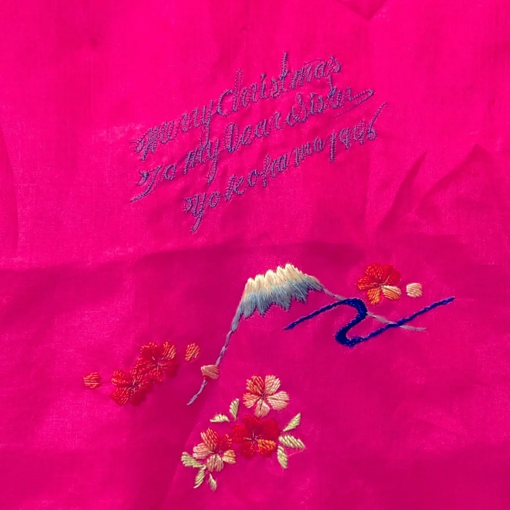 40s pink silk scarf, “Merry Christmas to my dear sister”, made in occupied Japan